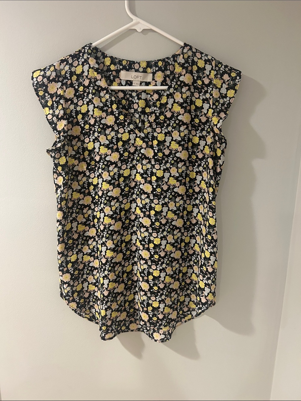 LOFT Black Floral Cap-Sleeve Top with Yellow & Cream Blooms
